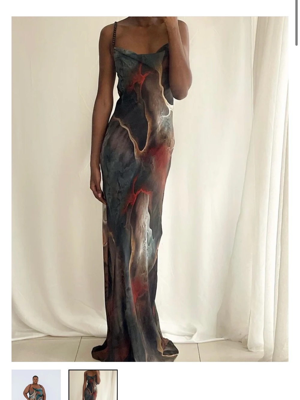 Satin Marble-Effect Maxi Slip Dress in Black & Red